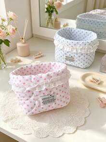 1pc Cute Polka Dot Storage Basket Quilted Drawstring Makeup Bag Lace Decor Cosmetic Organizer Bucket Desktop Items Storage Bag Folding Small Basket - Multicolor - View 5
