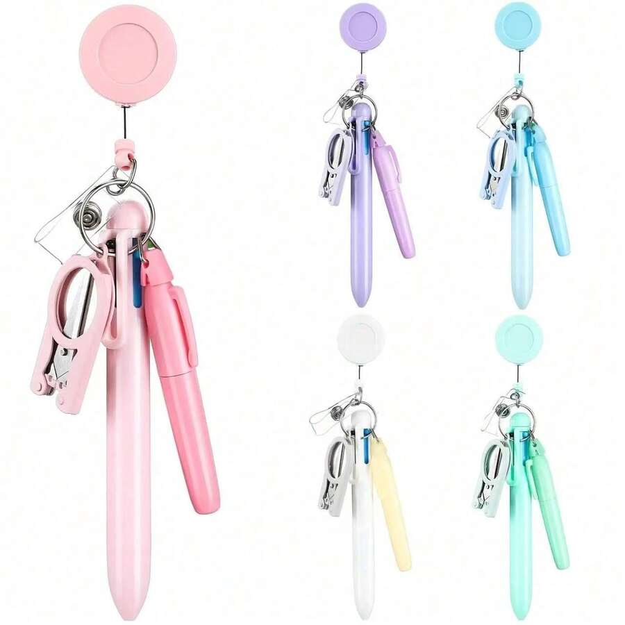 1pc Macaron Nurse Pen Set With Retractable Reel, Easy Storage Clip And ID Holder - Includes 5 Colored Pens, Refills And Pen Box - Made Of Durable Plastic Material, Suitable For Teachers, Doctors, Nurses, Office, School Or Promotional Use - Multicolor - View 1