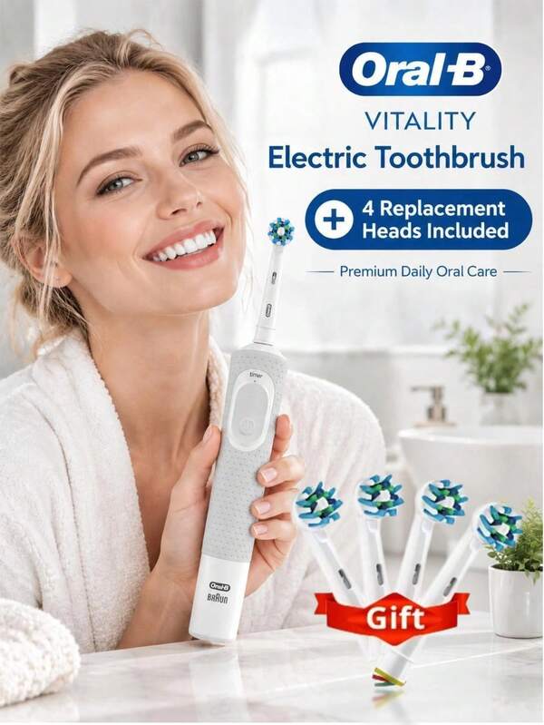Oral B D100 Vitality 2D Rotating Electric Toothbrush 7600 Rotations 2-Min Timer Waterproof Inductive Charging 7 Days Battery Life Multiple Brush Heads Options