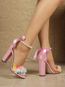 Elegant Gold Pearl Butterfly Wrap 11cm Chunky Heel Single Strap Floral High Heel Sandals For Women - Pink - View 3