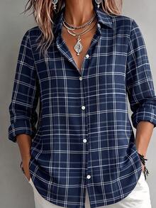 Women's Bohemian Style Plus Size Printed Shirt Long Sleeve Autumn Top, Shirt Collar Design, Creating Fashionable Lady Look - Navy Blue - View 1
