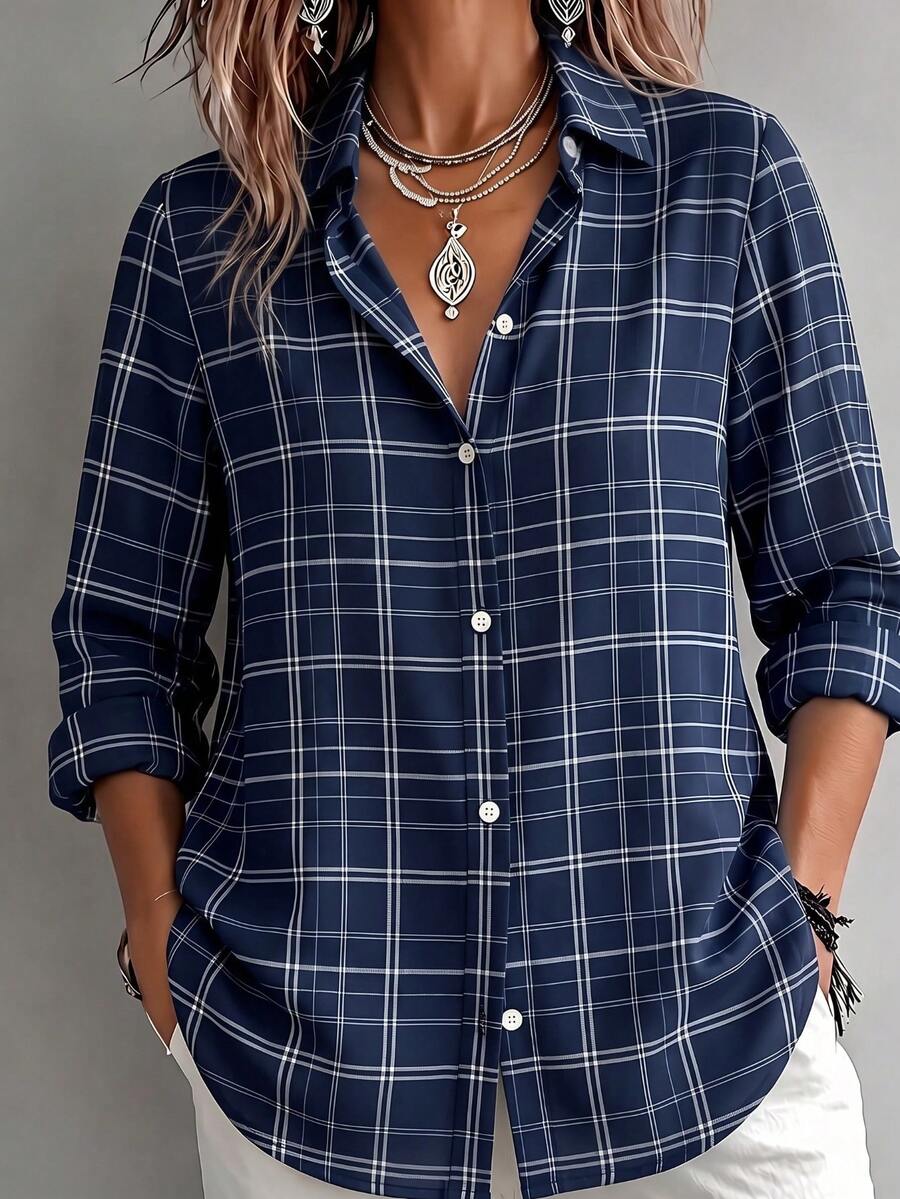 Women's Bohemian Style Plus Size Printed Shirt Long Sleeve Autumn Top, Shirt Collar Design, Creating Fashionable Lady Look - Navy Blue - View 1