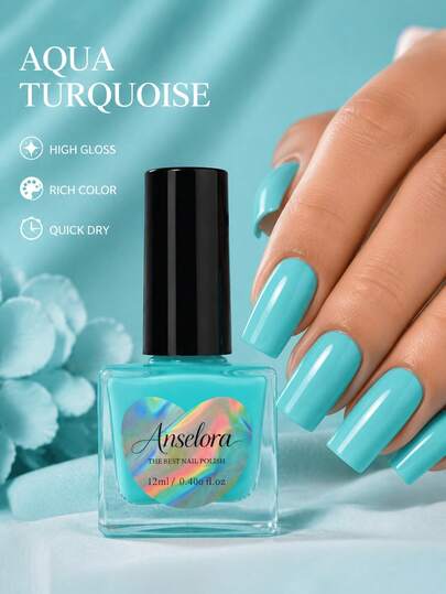 Anselora 12ml Water Blue Nail Polish, High Pigment Fast Drying Creamy Glossy Finish, Easy To Apply Long Lasting Solid Color DIY Nail Art, Suitable For Women's Daily And Party Use