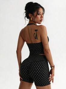 Women's Summer/Autumn Basic Polka Dot Spaghetti Strap 2-Piece Set Loungewear, Slim Fit Camisole Top + Cropped Leggings, Streetwear Elegant - Black and White - View 4