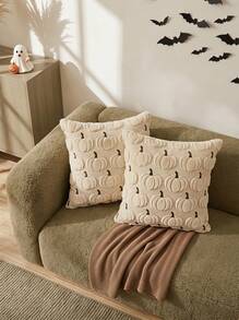 Cirelle 1pc/2pcs Autumn Pumpkin Embroidered Decorative Pillowcase, Halloween Soft Plush Faux Wool Pillow Cover For Home Sofa Bedroom Chair - Beige - View 6