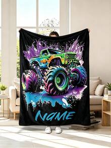 Personalized Monster Truck Throw Blanket For Kids, Custom Name Colorful Cartoon Lightweight Blanket, Soft Warm Winter Blanket, Suitable For Kids - Multicolor - View 4