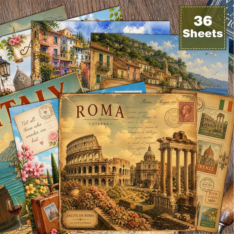36 Sheets Vintage Italy Travel Scrapbook Paper, 6x6 Inch Retro Poster Style Craft Paper, Rome, Florence & Amalfi Coast Ephemera For Travel Journals, Art Collage, And DIY Postcards. - Square - View 1