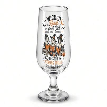 1PC 13.5oz Glass Material Champagne Flute With Witches Book Club Print (Black Cat & Pumpkin), Elegant Glass Cup With Print. Multi-Festival Holiday Party Drinkware, Perfect For Christmas, Easter, And Halloween Parties.