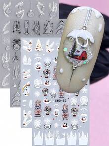 4件組閃亮聖誕美甲貼紙，聖誕樹燈飾、水晶球禮盒設計，新年DIY美甲藝術裝飾貼 - 彩色 - 查看 2