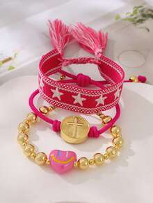 Fashionable And Simple Heart-Shaped Smiling Face Cross Circular Pendant Bracelet With Copper Beads And Fringes. Adjustable Wristband For Women. - Multicolor - View 3