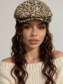 Women Leopard Print Newboy Flat Cap, Adjustable Side Buckle Twill Fabric Hat, Vintage Casual Street Y2K Style Accessory - Multicolor - View 1