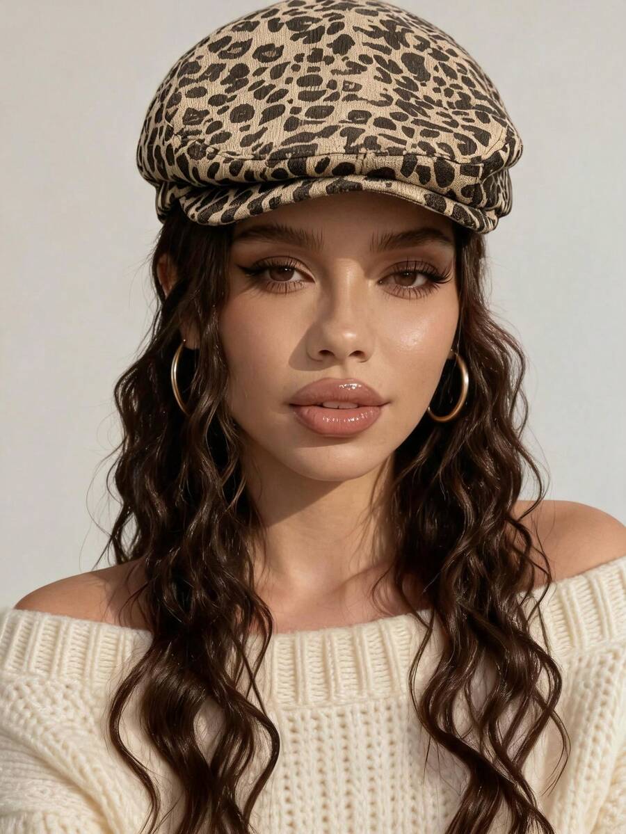 Women Leopard Print Newboy Flat Cap, Adjustable Side Buckle Twill Fabric Hat, Vintage Casual Street Y2K Style Accessory - Multicolor - View 1