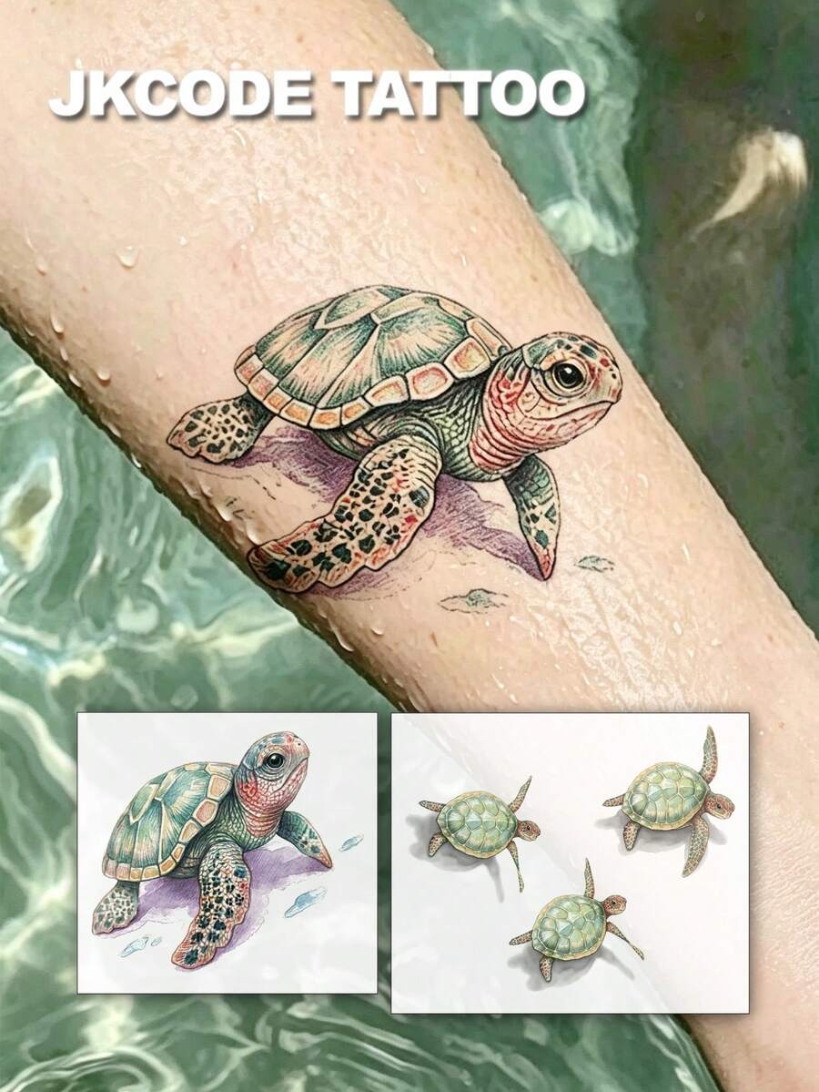 JKCODE TATTOO 2 Pcs Realistic 3D Sea Turtle Temporary Tattoos, Stylish Hand Tattoo Stickers, Cute Tattoo, Waterproof Tattoo For Women, Simple, Colored Print Tattoo Sticker, Washable Stickers For Party Tattoo Sticker, Last 3-5 Days - Multicolor - View 1