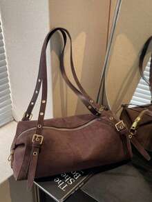 1pc Faux Suede Handbag With Gold Hardware, Convertible Tote Bag & Shoulder Bag, Zipper Closure, Vintage Casual Style, Suitable For Autumn/Winter Commute, Date, Shopping - Coffee - View 7