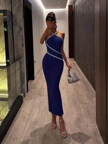 ADYCE Elegant Handmade Rhinestone High Waist Backless Slit Party Dress, Prom, Homecoming, Wedding Guest Evening Gown Fall - Navy Blue - View 7