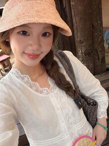 Sweet Girl Lace Patchwork Blouse Petal Sleeve Loose Fit Autumn Women Long Sleeve Top - White - View 7