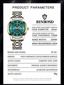 Men's Luxury Wristwatch, Elegant Date And Day Display, Waterproof Luminous Quartz Stainless Steel Sports Watch, Suitable For Christmas, Father's Day - Green - View 6