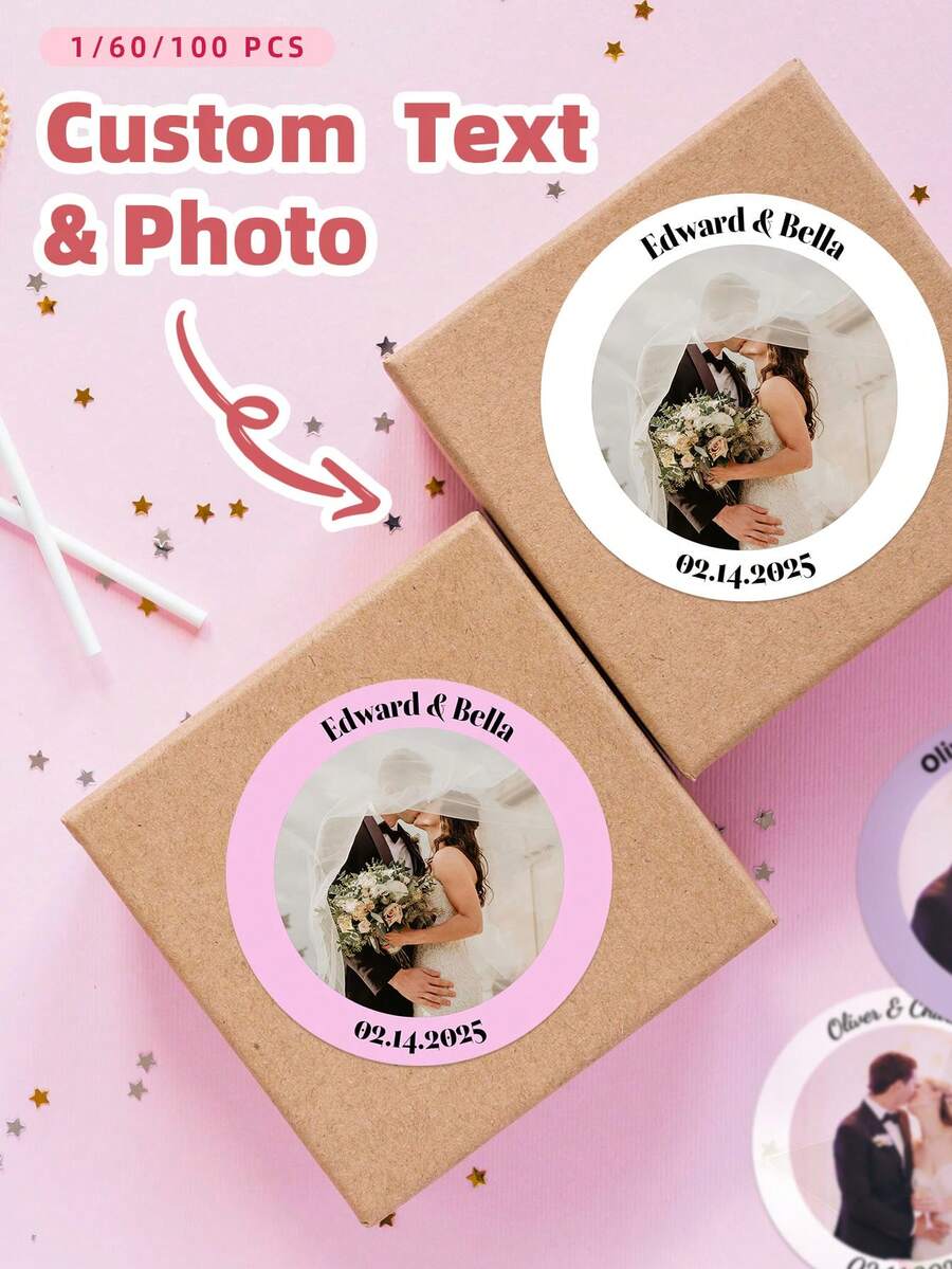 1-100pcs Personalized Photo Stickers, Customized Waterproof PVC Labels For Wedding, Birthday Party, Anniversary And Celebration, Custom Image Favor Labels - White - View 1