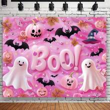 2D Flat Background Banner, 1pc Fantasy Halloween Background Banner - Pink Pumpkin Party Decoration, With Bat And Ghost Design, Suitable For Indoor And Outdoor Scenes, No Power Required, Perfect For Room Decor - 1 - View 4