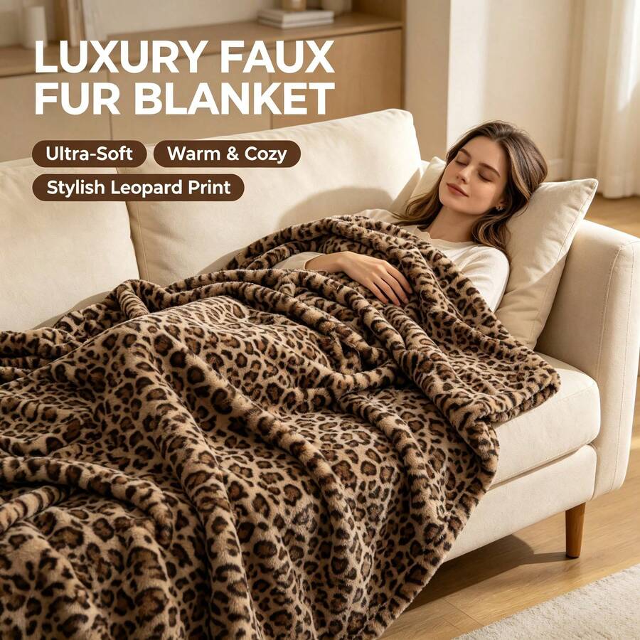 1 pc Selimut Bulu Kelinci Sintetis Motif Macan Tutul, Lembut & Hangat Nyaman Dipeluk, Dekorasi Ruangan Gaya Liar Unik, Cocok untuk Penutup Kaki Saat Nonton Film di Sofa, Tidur Siang di Kursi Jendela, dan Pelengkap Furnitur Lembut Kamar Tidur - Motif macan tutul berwarna unta - View 1