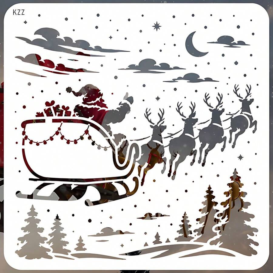 Christmas Santa Sleigh Reindeer Stencil, Large Reusable Painting Template For Wall Fabric Canvas DIY Home Decor - Single Piece - View 1