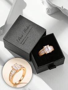 Gift Box Style Luxury Emerald Cut Ring, Rectangular Zirconia With Four-Prong Setting, Sparkling Fashion Jewelry, Suitable For Women's Wedding Or Engagement Gift - Gold - View 13