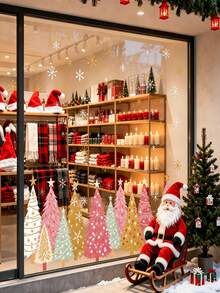 3pcs Christmas Window Stickers Decals, Yellow Green Gold Christmas Tree & Snowflake Pattern, Winter Home Window Decoration - Multicolor - View 3
