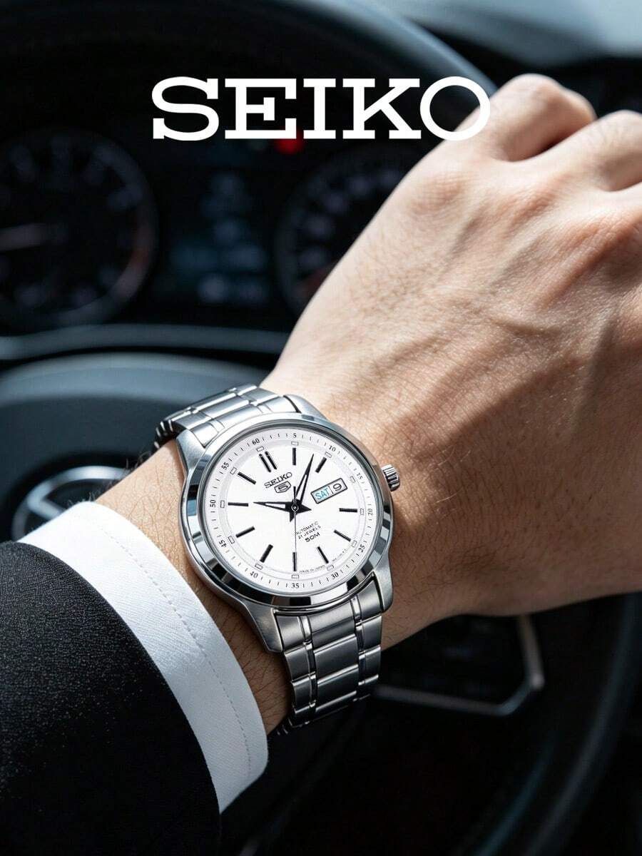 Seiko Men's Automatic Watch Textured Silver‑White Dial Minute‑Track Inner Bezel Day‑Date Display Polished‑Brushed Stainless Steel Bracelet Dress‑Casual