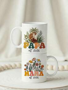 Papa Mama Est 2026 Coffee Mug Set, New Parents Floral Graphic Ceramic Cups, Pregnancy Announcement Gift For Expecting Mom Dad Baby Shower Present - Multicolor - View 3