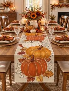 1pc Pumpkin Fall Table Runner, Rustic Autumn Linen Table Runner, Rectangular Farmhouse Thanksgiving Table Decor, Harvest Pumpkin Leaf Dining Tablecloth Runner For Fall Thanksgiving Dinner Party Home Kitchen - Multicolor - View 7