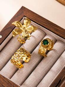 3pcs Stainless Steel European & American Vintage Style Gold-Plated Open Rings, Fashionable High-End 3D Floral Mesh Texture Green Zirconia Niche Design Adjustable Women's Rings, Daily Commute Layering Jewelry - Gold - View 2