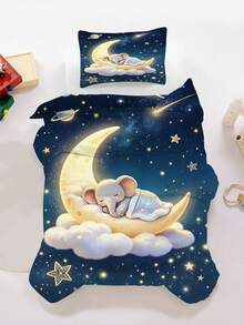 2件組幼兒星空床上用品套裝，可愛睡眠小象月亮雲朵星星行星印花被套與枕套，柔軟兒童床品套裝，無填充 - 彩色 - 查看 1