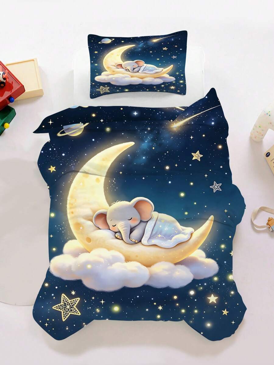 2件組幼兒星空床上用品套裝,可愛睡眠小象月亮雲朵星星行星印花被套與枕套,柔軟兒童床品套裝,無填充 - 彩色 - 查看 1