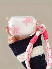 Cute Lily Flower Earphone Case/Protective Cover For 1/2/3 Generation, For Pro, For Pro2, For 4, 1 Protective Shell With 1 Lanyard - Pink Lily + Pink Lanyard - View 3