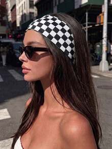 1pc Women's Checkerboard Headband, Black & White Checkerboard Wide Elastic Hair Hoop, Retro Y2K Non-Slip Hair Accessory, Holiday Autumn Style - Multicolor - View 4