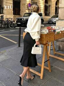 YIU 女款優雅膝長修身中長裙,開衩設計,無彈性聚酯纖維面料,時尚秋季風格 - 黑色 - 查看 7