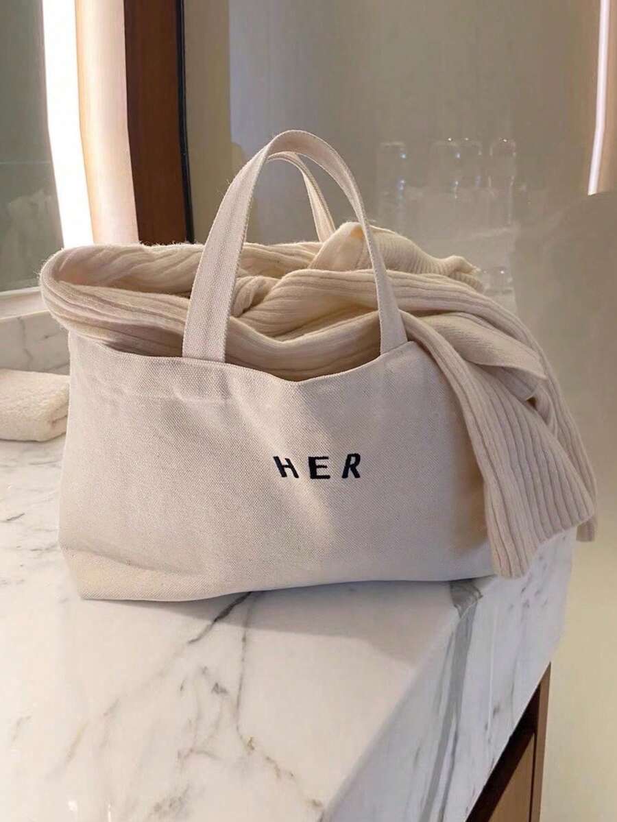 Casual Minimalist Letter Canvas Tote Bag Large Capacity For Outing Shopping Street Strolling High Cost-Performance Fashion Versatile Suitable For Moms With Kids Students Office Workers - Beige - View 1
