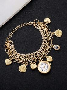 Women's Luxury Multi-Layer Chain Pendant Wristwatch, Heart & Flower Charm Rhinestone Bracelet Quartz Watch, Gift For Girlfriend (1pc/Set) Watch Box Not Included - Gold - View 5