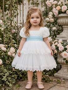 Baby Girls Square Neck Lace Embroidered Tulle Cute 1st Birthday Dress Suitable For Wedding Party, Fabric Pattern Randomly Cut, Headband Not Included - White - View 6