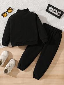 Young Boy Spring/Autumn Sweatshirt Set, Stand Collar Half-Zip English Embroidery Top And Casual Long Pants, New Style - Black - View 2