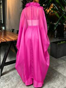 AOMEI 女款優雅柔軟寬鬆透視和服洋裝，附荷葉邊飾邊、前開襟與抽繩設計，婚禮賓客派對洋裝 - 玫紅色 - 查看 3