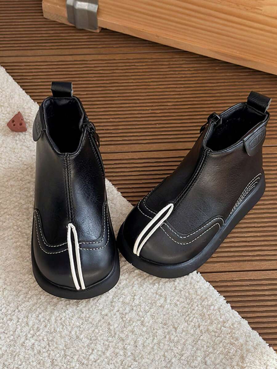 Unisex Kids' Vintage Colorblock Ankle Boots, Autumn/Winter Versatile British Style Side Zipper Fashion Boots - Black - View 1