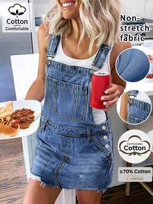 Women's Casual Versatile Pocket Design Denim Pinafore Dress Spring - Dark Wash - View 2
