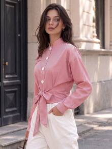 Women's Pink Striped Polyester Shirt, Stand Collar With Front Tie, Long Sleeve Button-Up, Fashionable Style - Multicolor - View 5