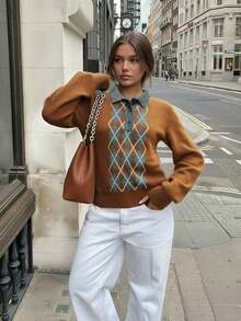 Women's Argyle Pattern 2 In 1 Collar Knit Sweater, Long Sleeve Button Placket Preppy Pullover - Brown - View 1
