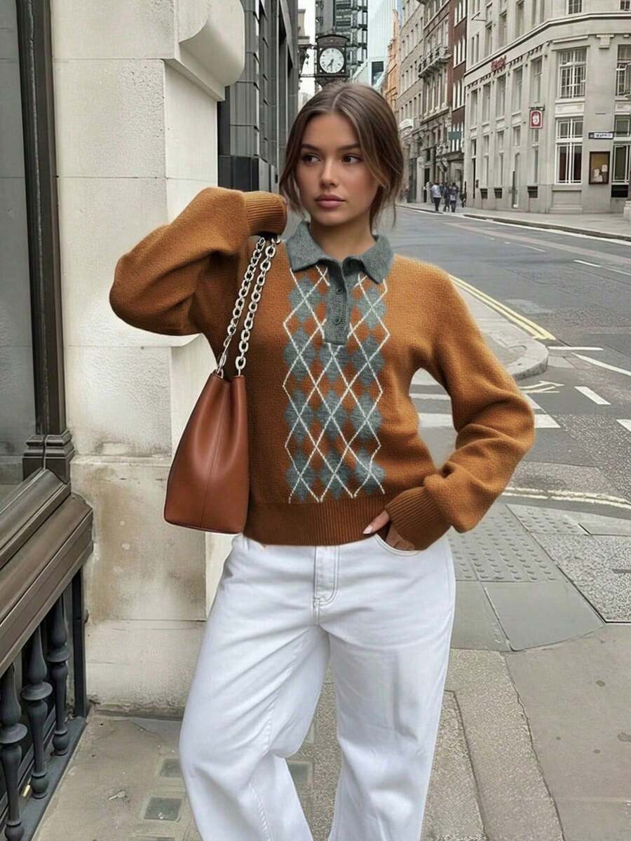 Women's Argyle Pattern 2 In 1 Collar Knit Sweater, Long Sleeve Button Placket Preppy Pullover - Brown - View 1