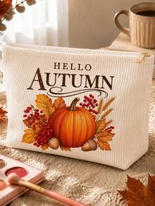 「HELLO AUTUMN」主題燈芯絨化妝包｜化妝品收納袋｜旅行收納袋｜旅行必備｜盥洗包｜母親節禮物｜教師節禮物｜適合媽媽、老師、朋友與護理師｜秋冬必備｜居家必備｜易清潔設計｜便攜化妝盒｜秋季感恩節（隨機印花裁切） - 彩色 - 查看 12