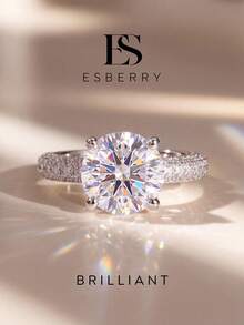 ESBERRY 1pc Moissanite Ring, High-End 5 Carat 4-Prong Micro-Pave Band, Suitable For Women's Engagement And Anniversary Wear - Silver - View 2