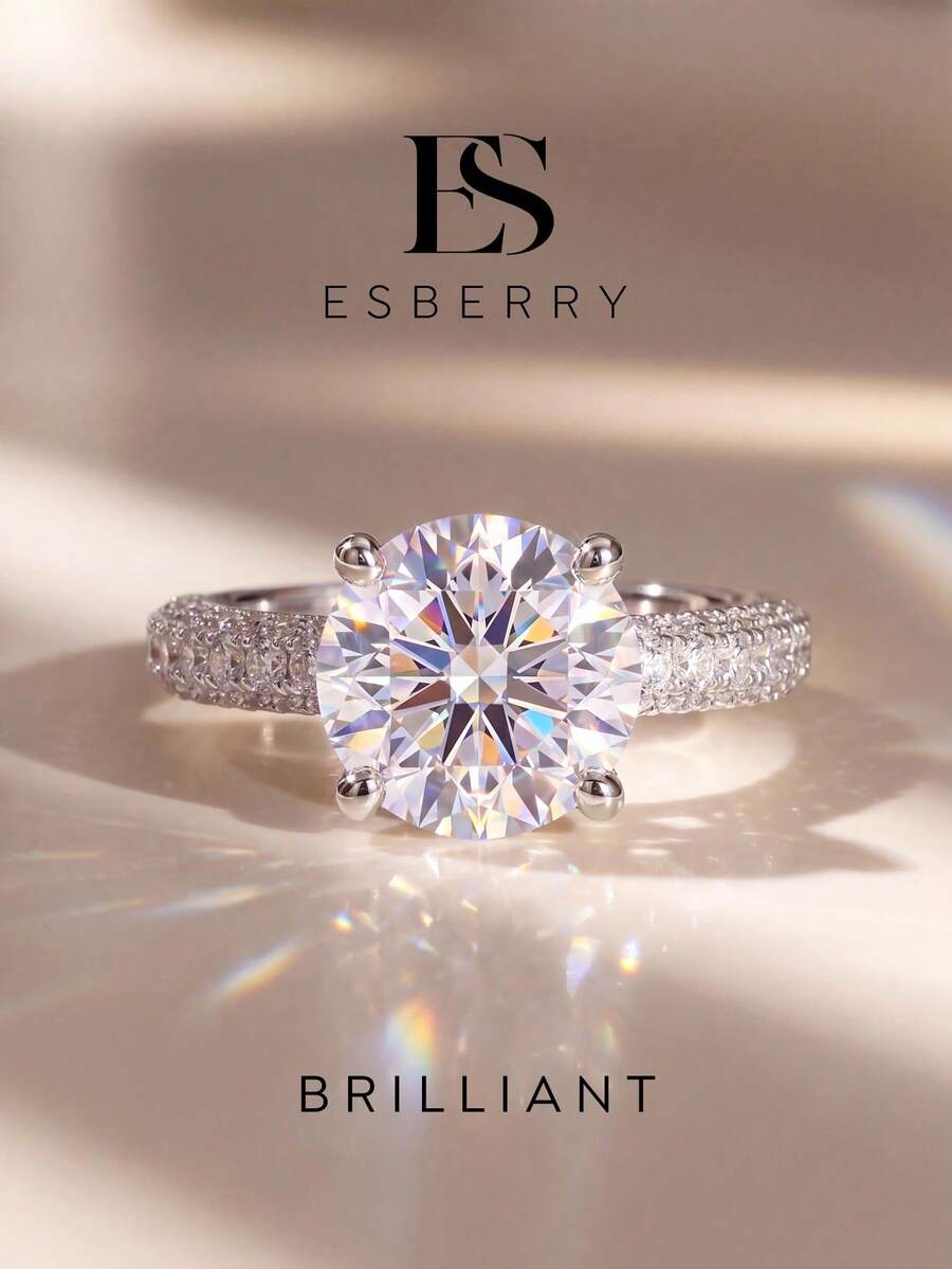 ESBERRY 1pc Moissanite Ring, High-End 5 Carat 4-Prong Micro-Pave Band, Suitable For Women's Engagement And Anniversary Wear