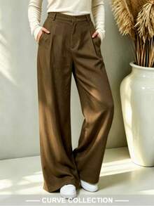 Women's Plus Size High Waist Pocket Wide Leg Pants, Autumn Outfit Essential, Comfortable And Soft - Brown - View 5